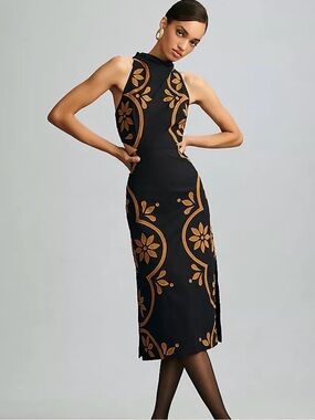 Anthropologie cocktail Sleeveless Black Midi Dress with Gold Floral Motif